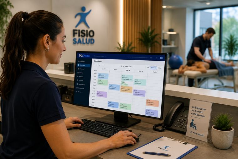 Recepción de una clínica de fisioterapia gestionando citas